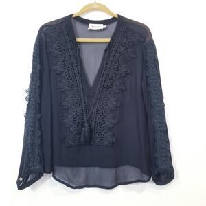 Line and Dot Black Crochet Tassels Deep V-neckline Sheer Blouse Long Sleeves